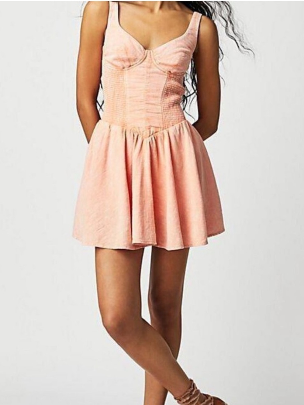 FREE PEOPLE Delilah Romper Skater Dress Peach Coral Pink Bustier Size M Medium